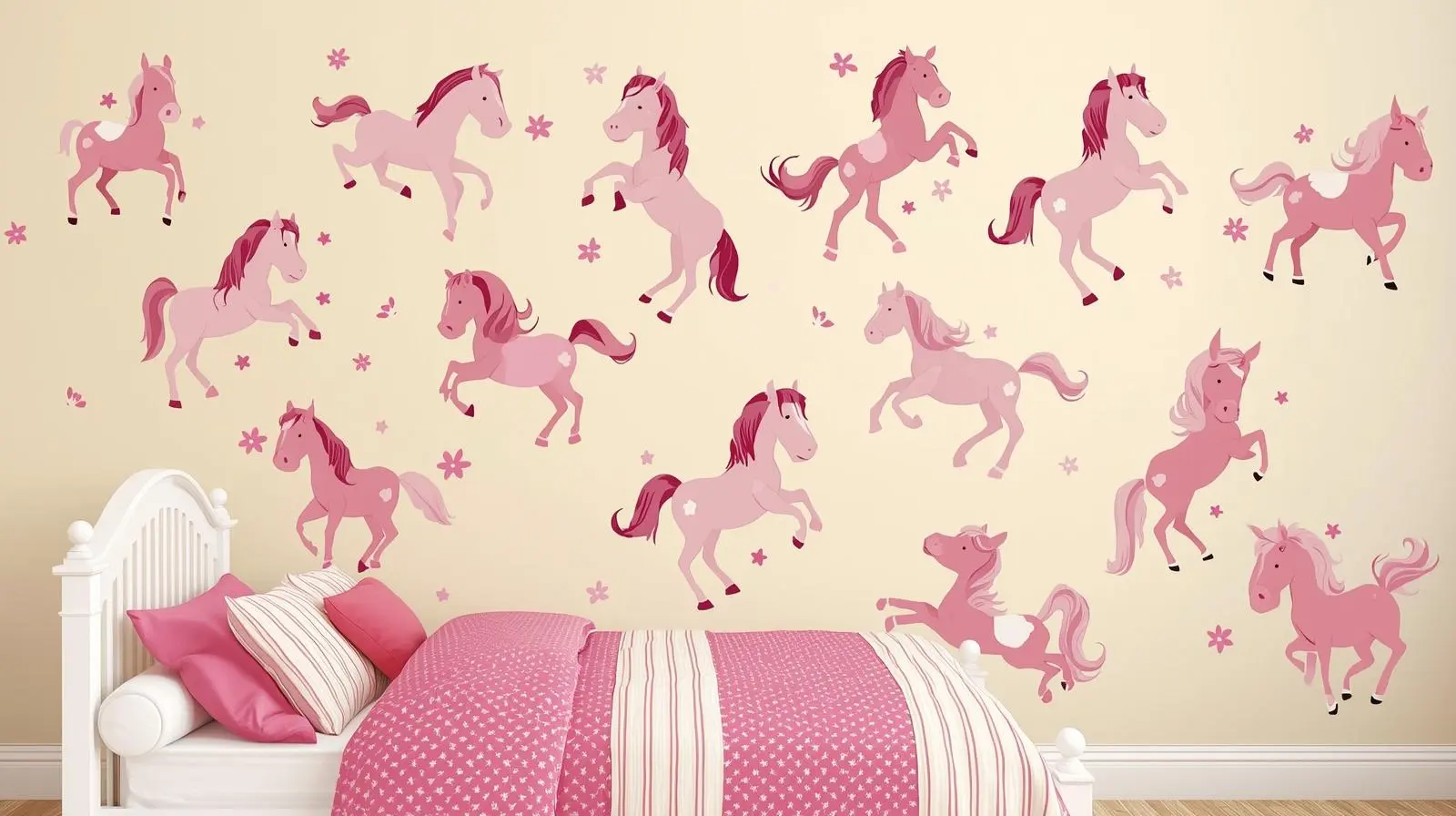 Durable, safe, and easy-to-clean horse wall art stickers in children’s bedroom.