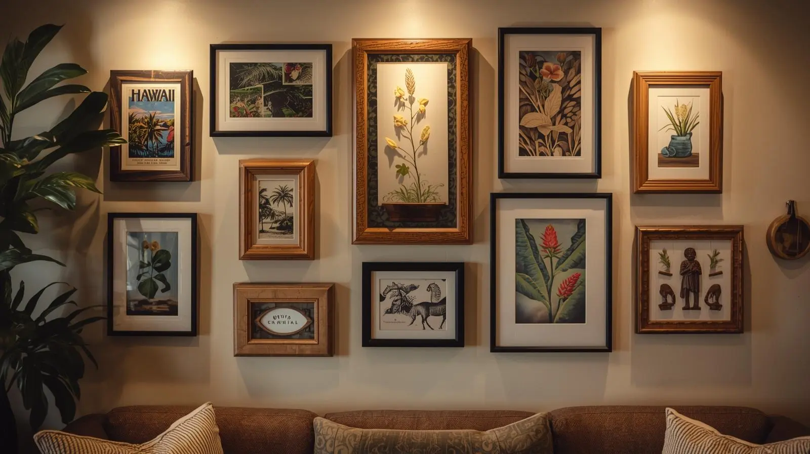 Framed Hawaii travel souvenirs as wall decor.