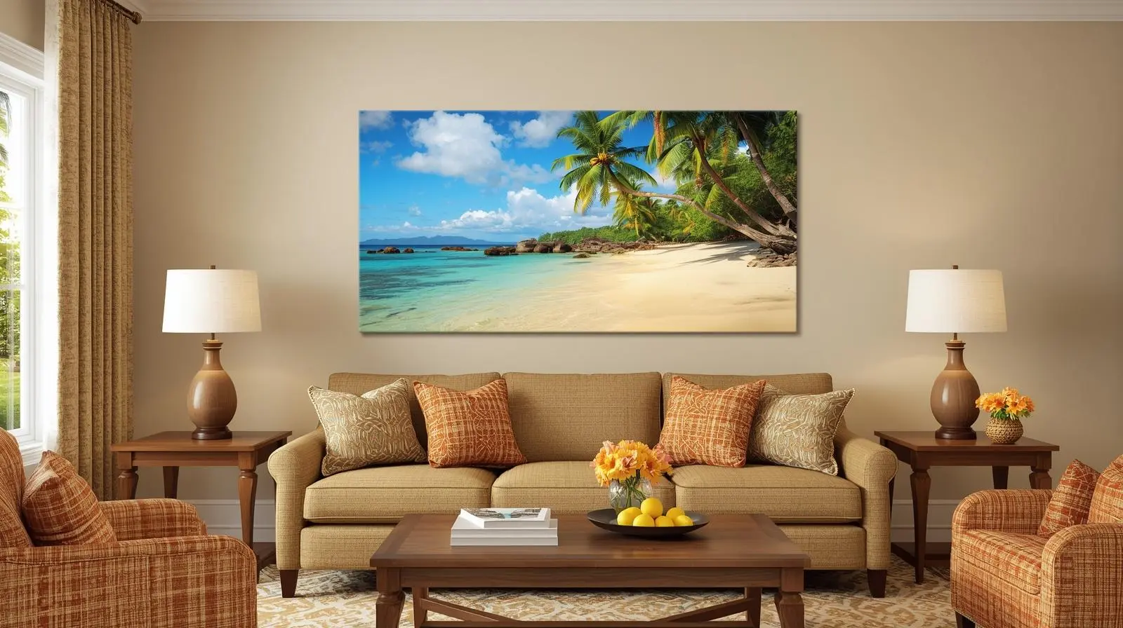 Hawaii beach wall art in cozy living room setting