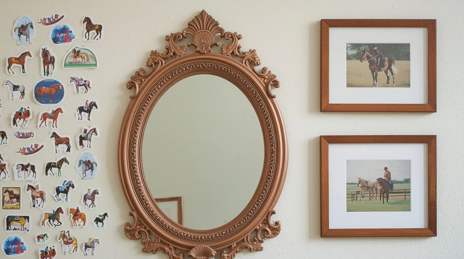 Horse stickers combined with mirror and framed wall art.