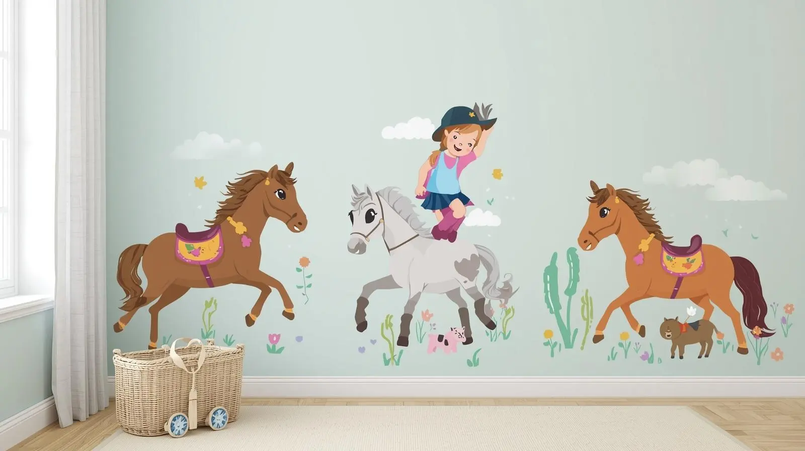 Horse wall art stickers in child’s equestrian-themed bedroom.