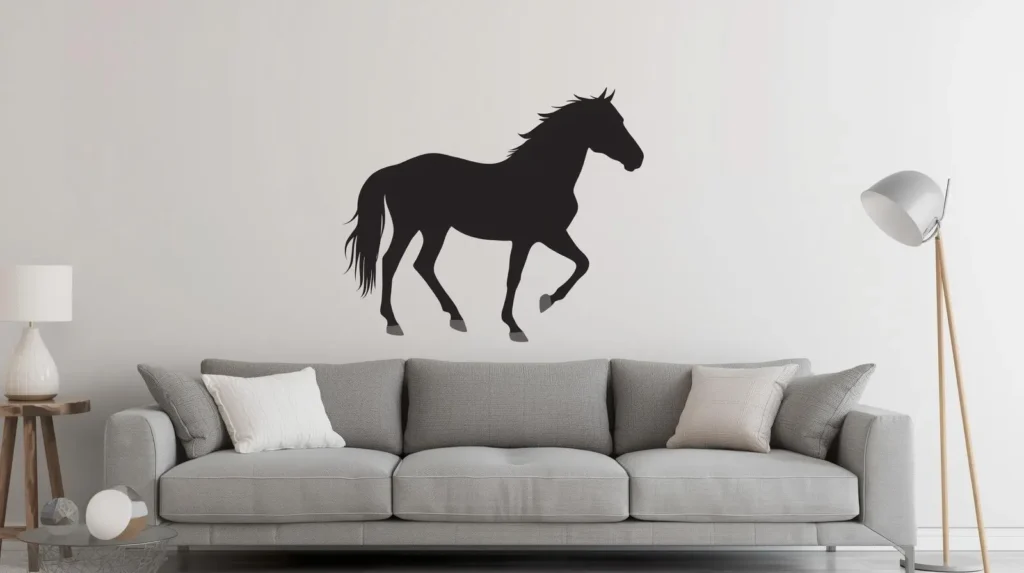 Horse wall art stickers in modern living room above sofa.