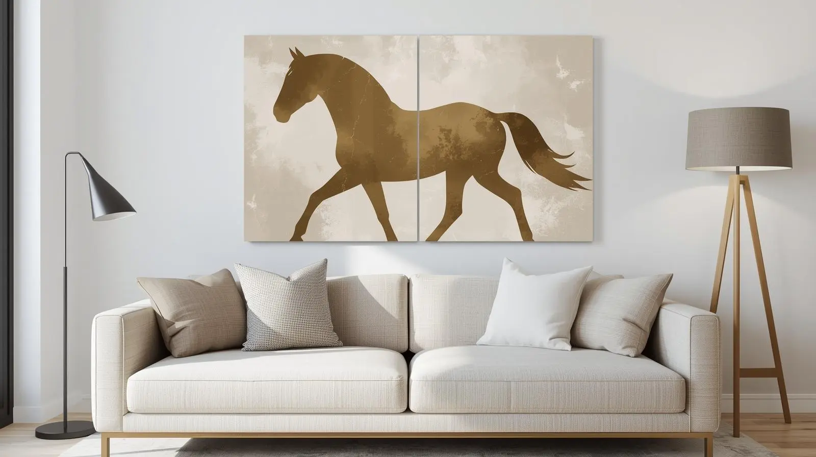 Horse wall art stickers in modern living room above sofa.