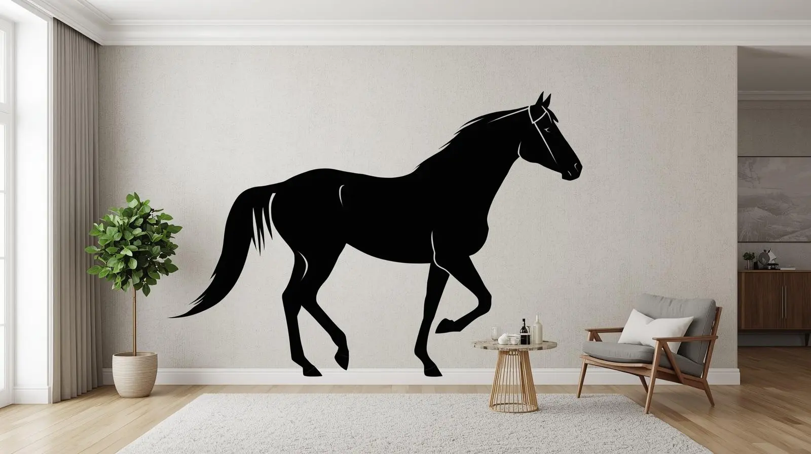 Large black horse wall art sticker in minimalist living room.