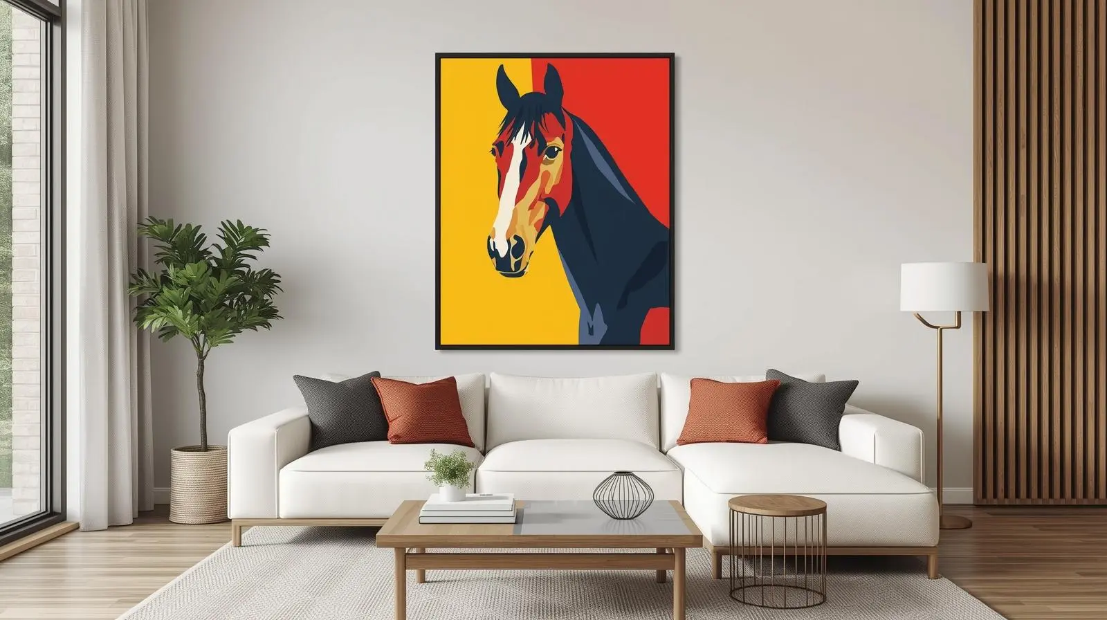 Minimalist horse wall art stickers in modern living room.