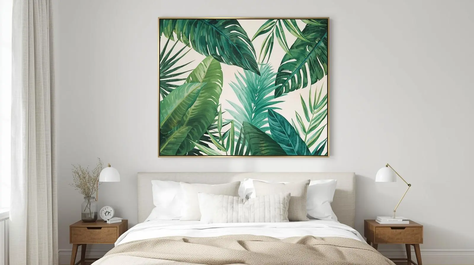 Palm leaf Hawaii wall art in bedroom above bed
