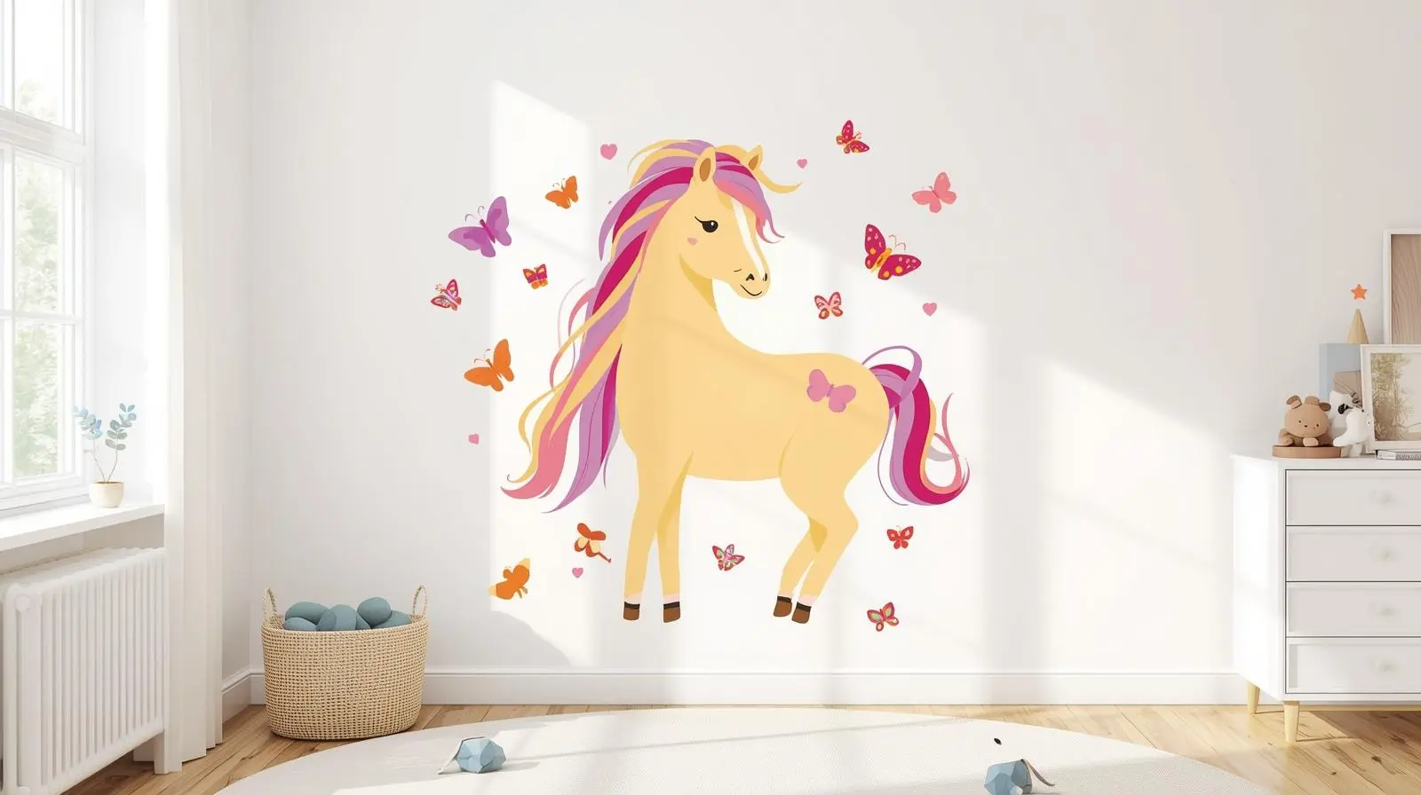 Removable horse wall decal in kids’ bedroom with butterfly wall art accents.