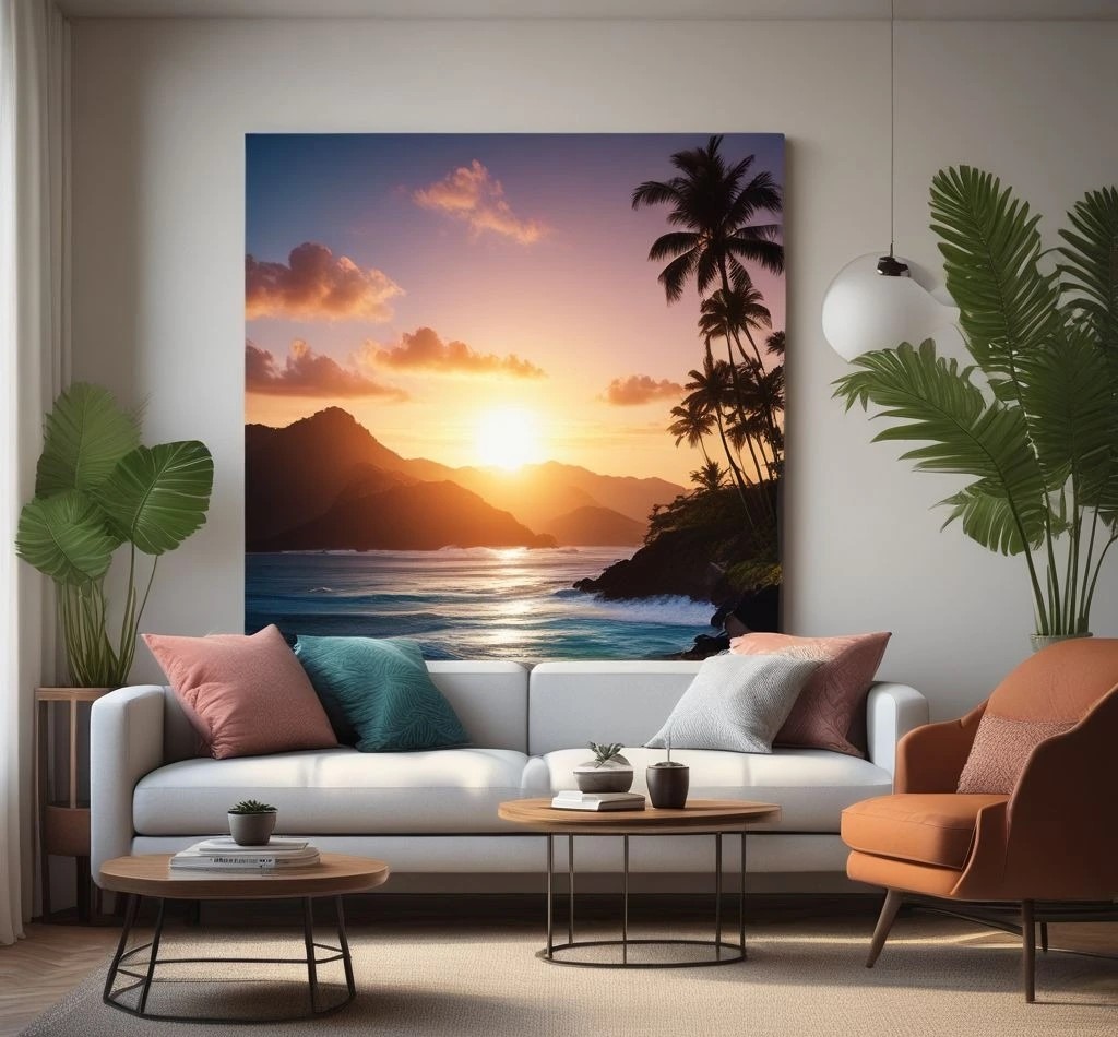 Hawaii wall art canvas sunset with palm trees in modern living room