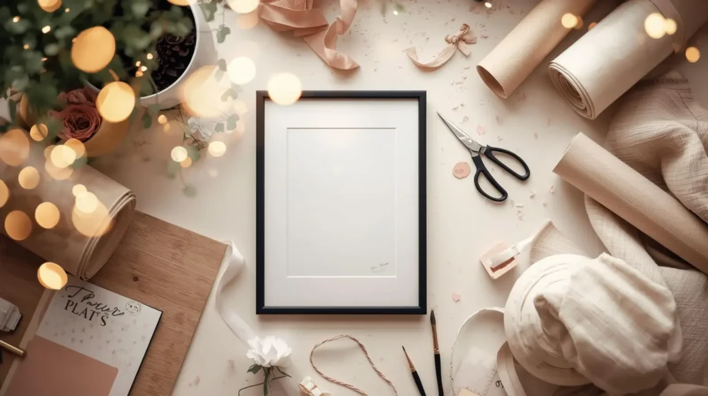 DIY wall art craft workspace with frames and prints.