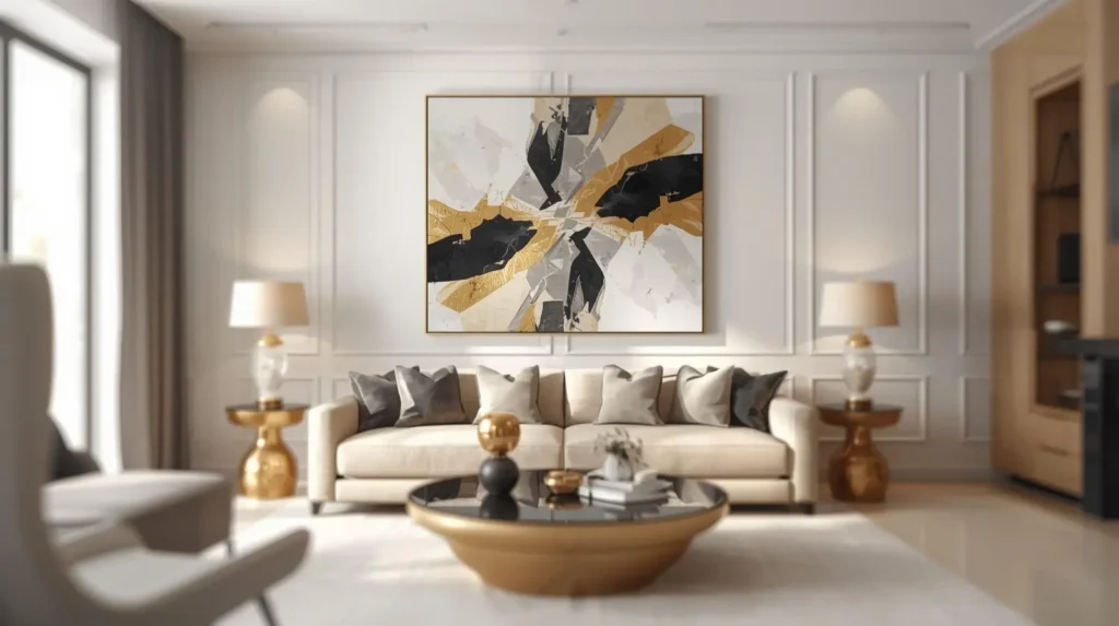 A modern abstract wall art above living room sofa