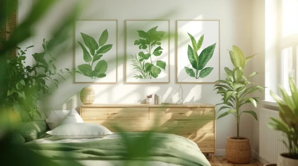 a botanical wall art prints in bedroom decor.