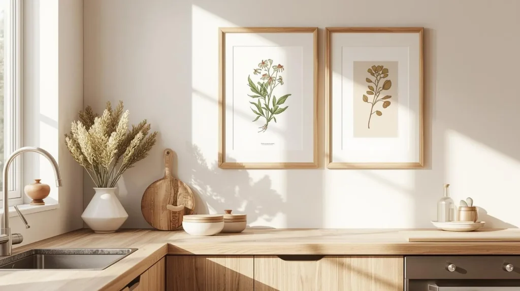 Botanical printable wall art framed above kitchen counter.
