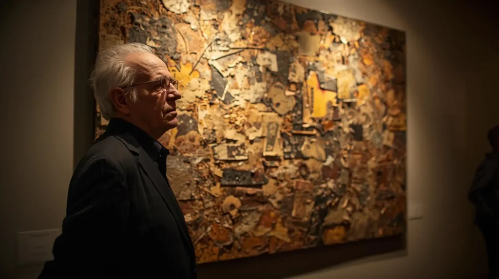 Art collector admiring textured wall art under warm light.