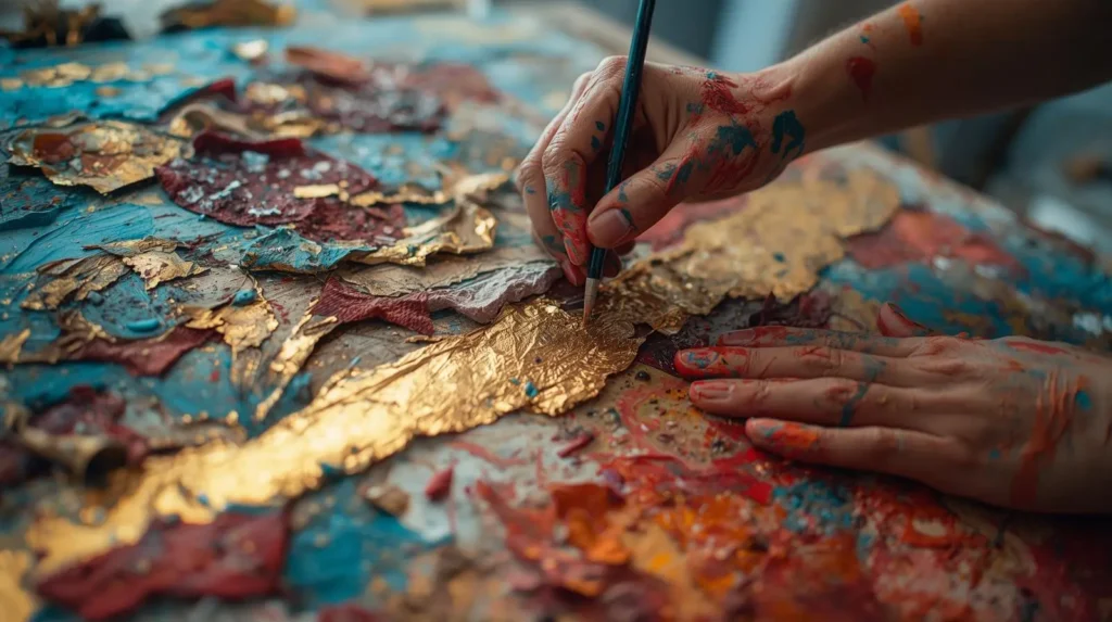 Artist layering paint and materials on a mixed media canvas.