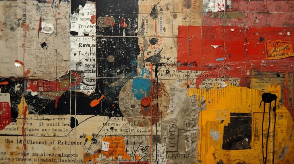 Collage inspired by famous mixed media artists showing layered materials and colors.