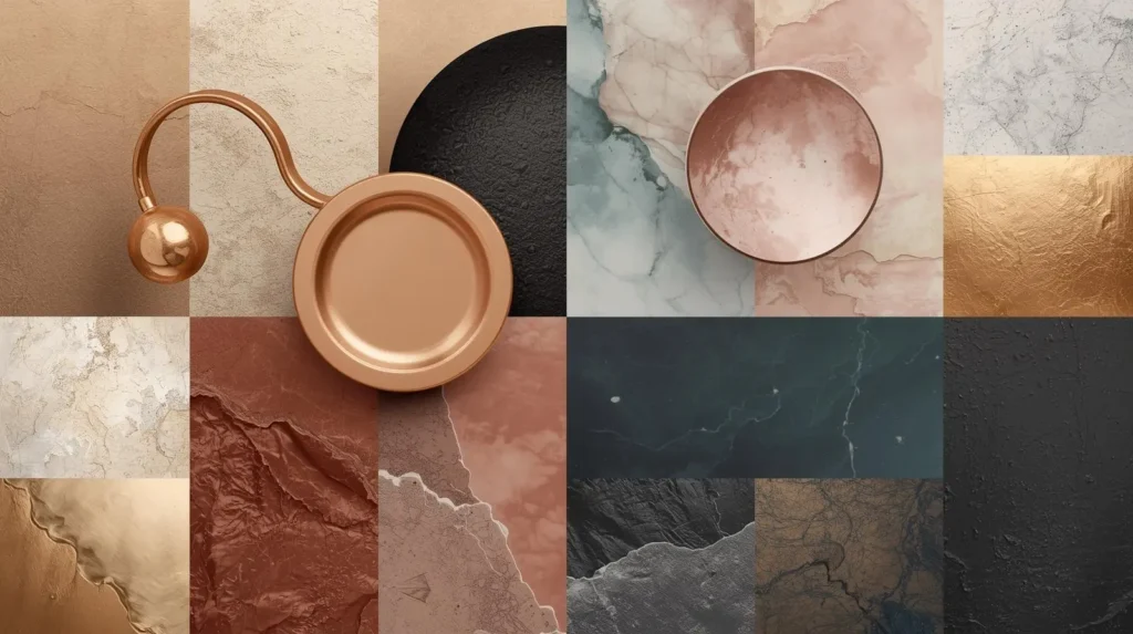 Color palette showing warm, cool, and metallic wall art tones.