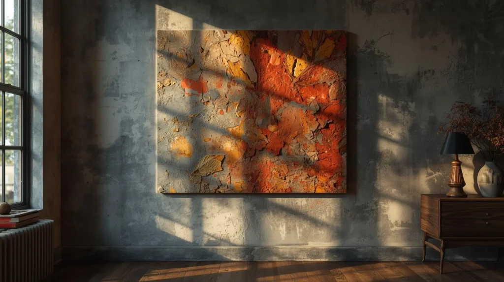 Large textured wall art highlighted by natural and indoor lighting.