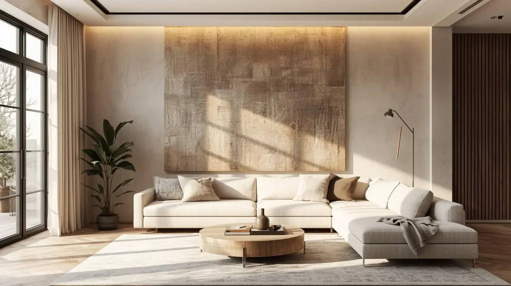Minimalist living room with large textured wall art centerpiece.