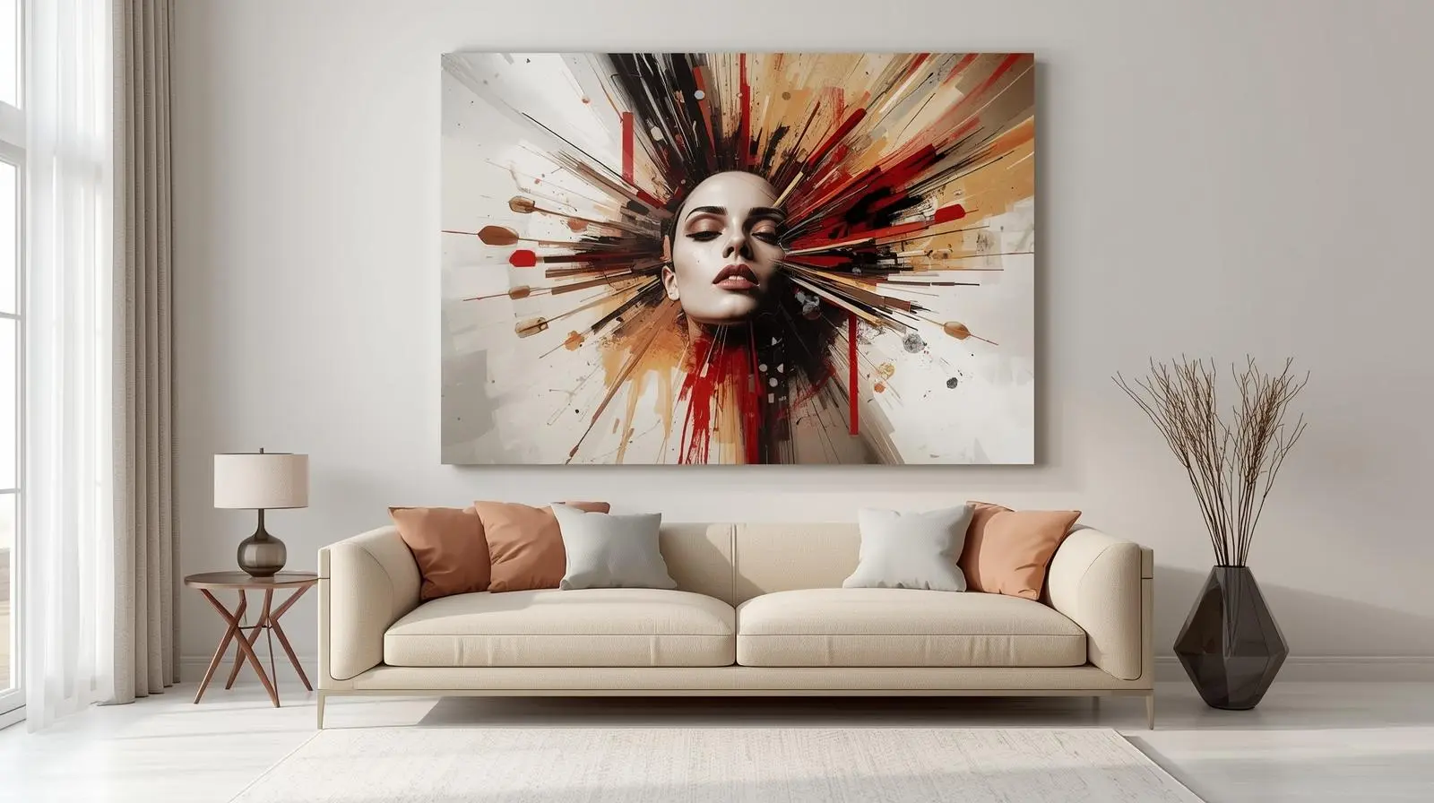 Oversized abstract wall art in a modern living room.