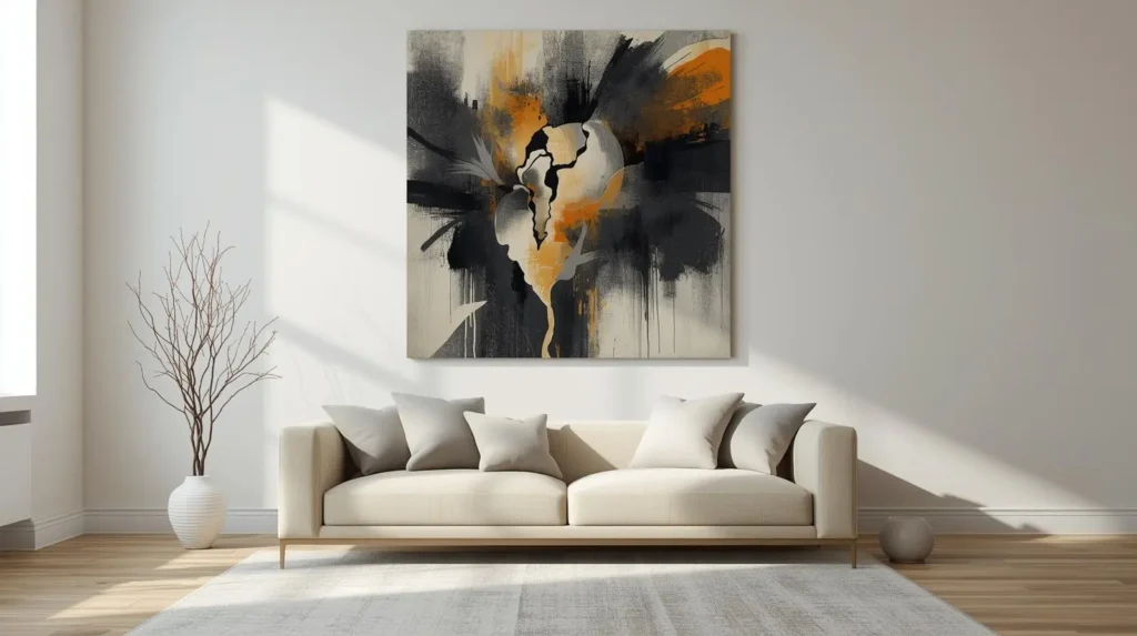 Oversized abstract wall art above a modern living room sofa.