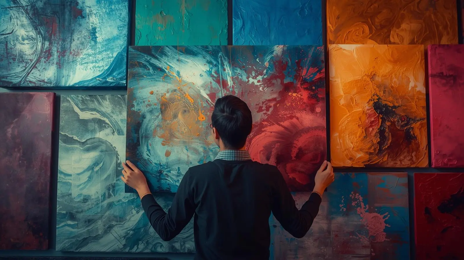 Choosing oversized art by testing canvas samples on colored walls.