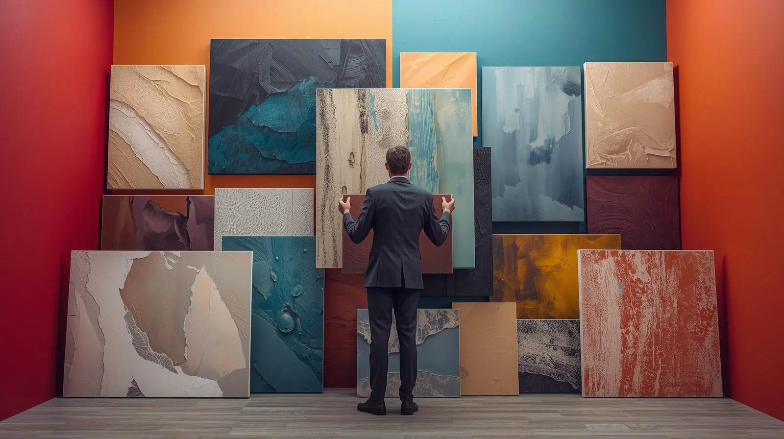 Choosing oversized art by testing canvas samples on colored walls for you.