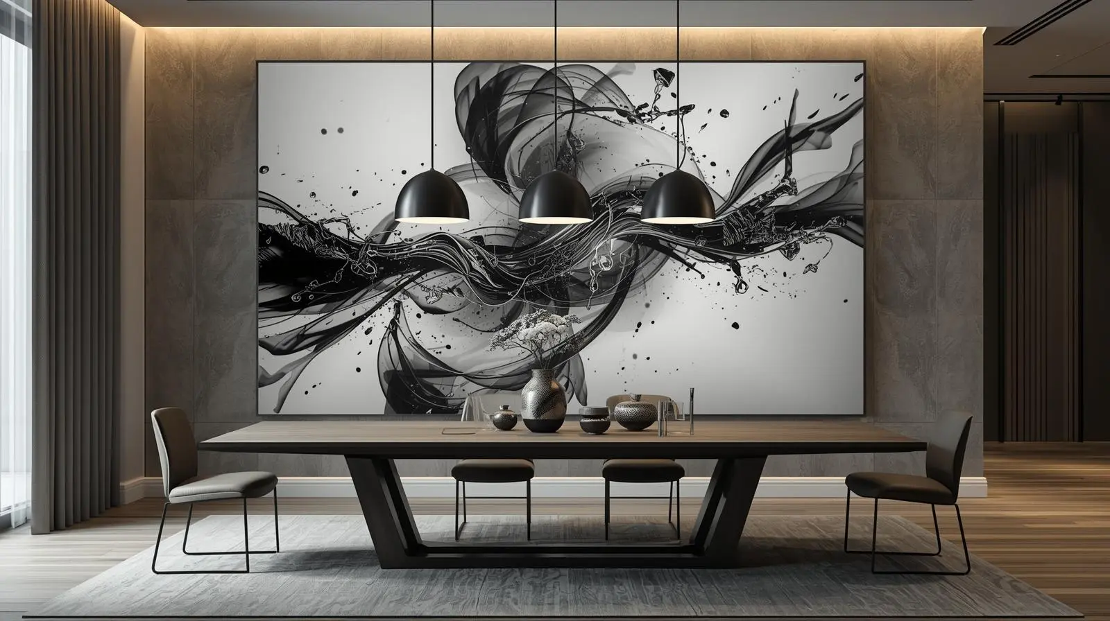 Oversized black and white statement wall art in a dining room.