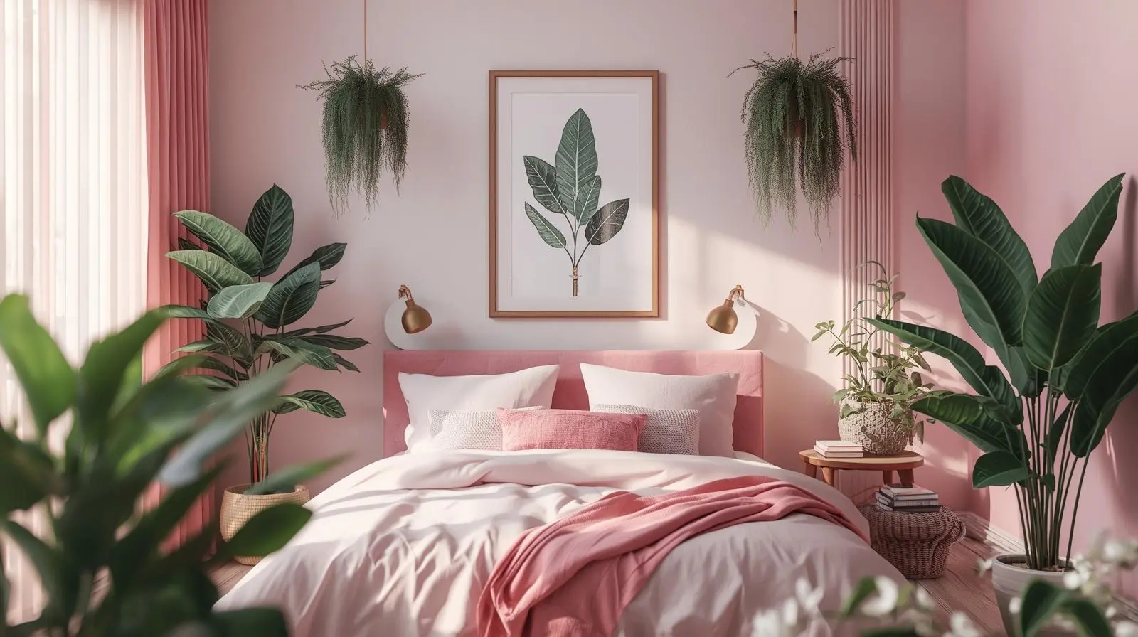 Bedroom with soft floral and leaf prints above the bed.