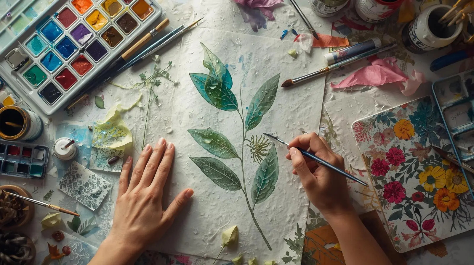 “Hands painting DIY botanical wall art on watercolor paper, creative desk setup, art supplies around.
