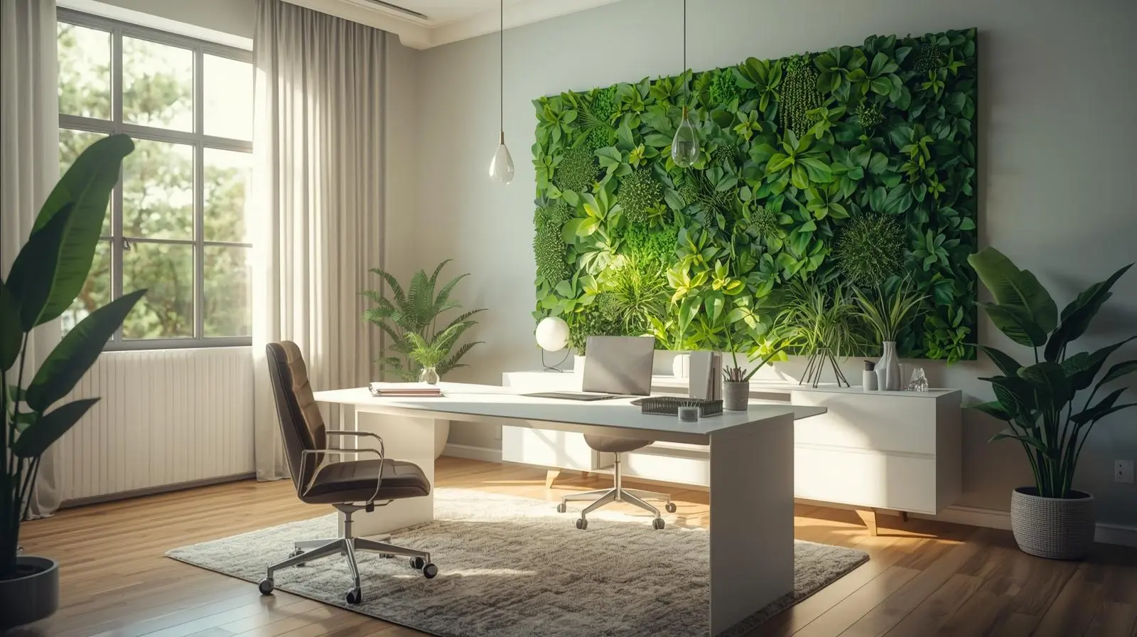 Home office with leafy botanical prints near desk.