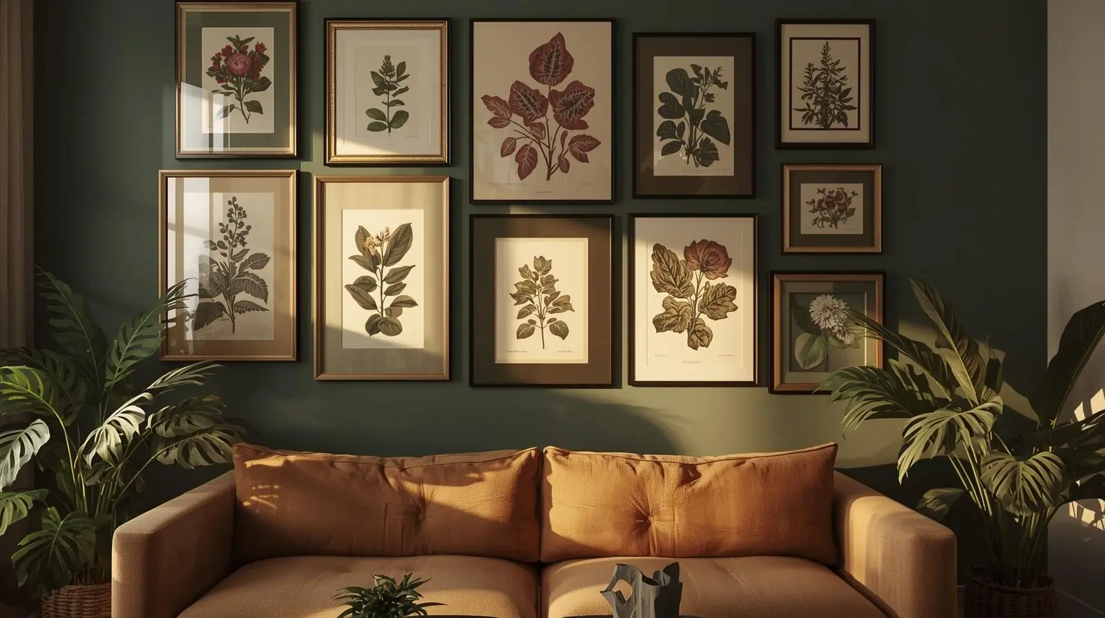 Gallery wall with vintage botanical prints above a sofa.