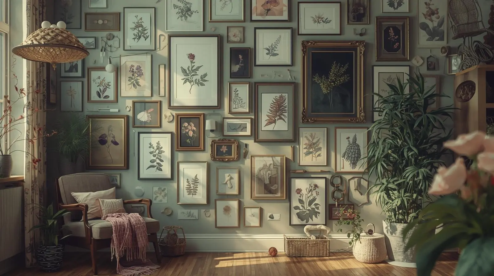 Wall arrangement showing mix of large and small botanical prints in gallery style.