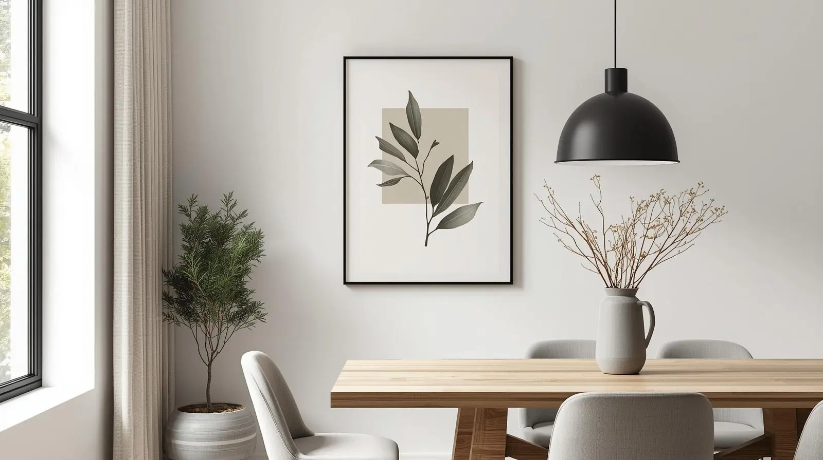 A cozy modern living space with multiple botanical prints on walls.